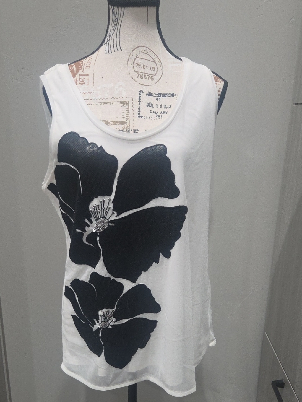 White House Black Market White Tank with Black Floral Design